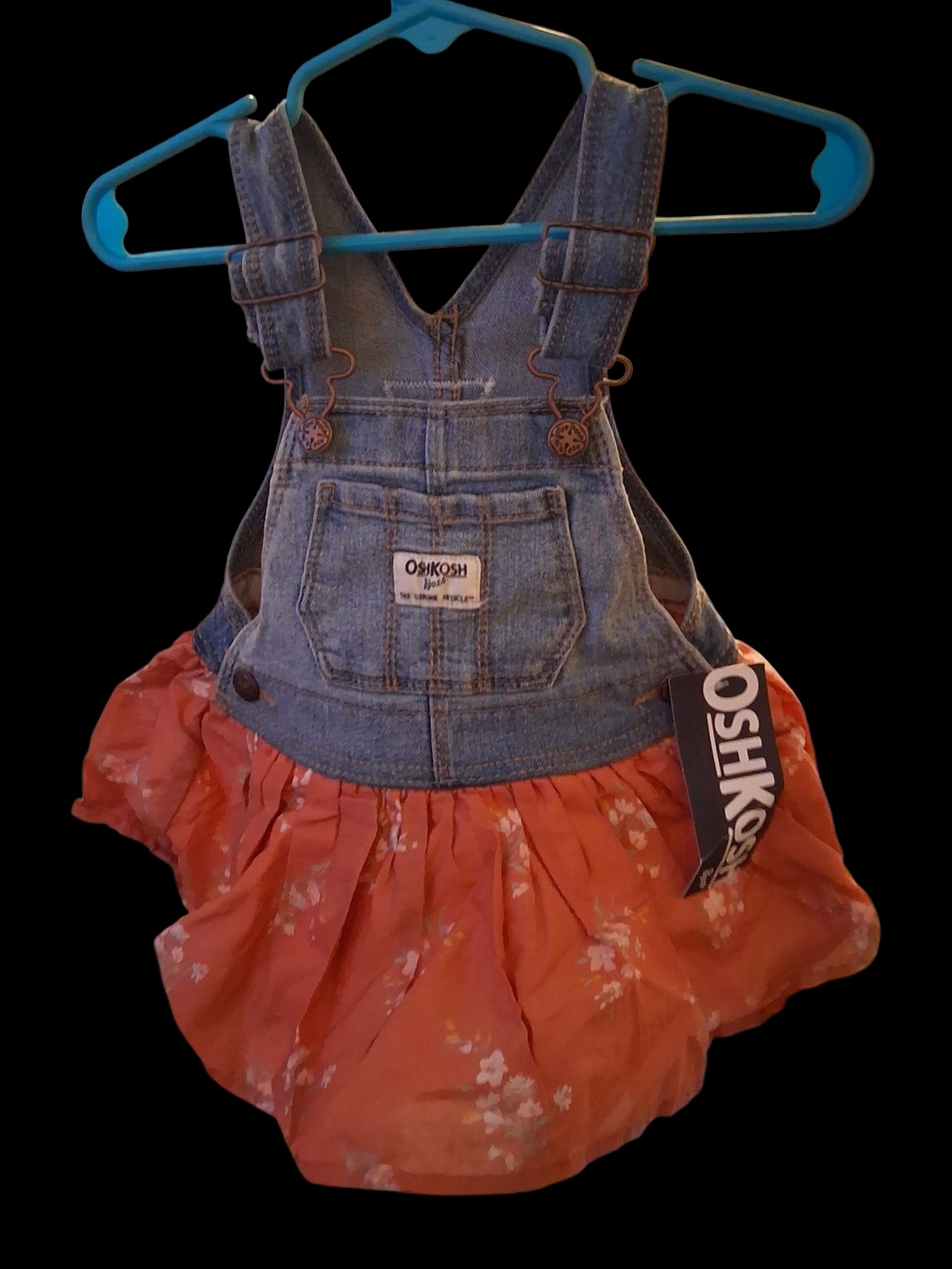 OshKosh B'gosh Denim Overall Dress with Coral Floral Skirt